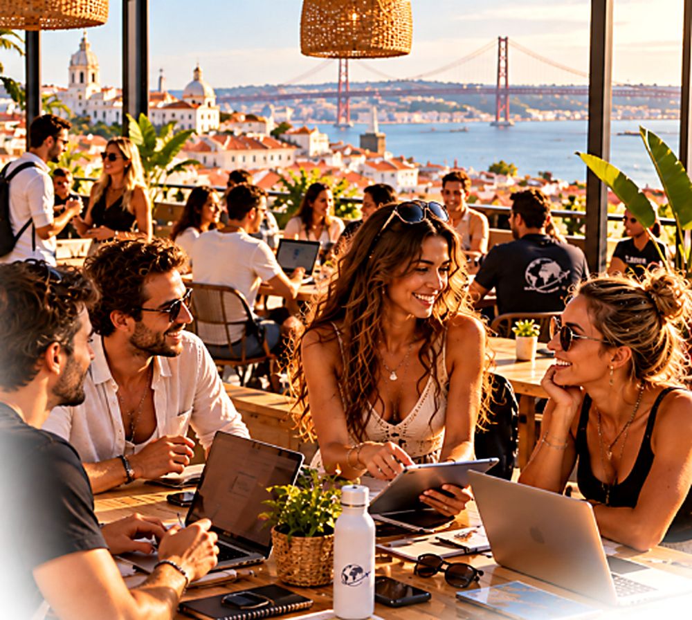Membres de la communauté travaillant ensemble sur une terrasse à Lisbonne